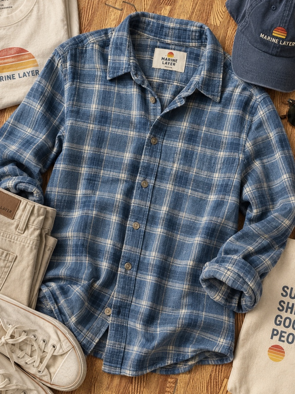 NEW Marine Layer Shirt Mens Medium Blue Button Up Flannel Twill Indigo Dyed
